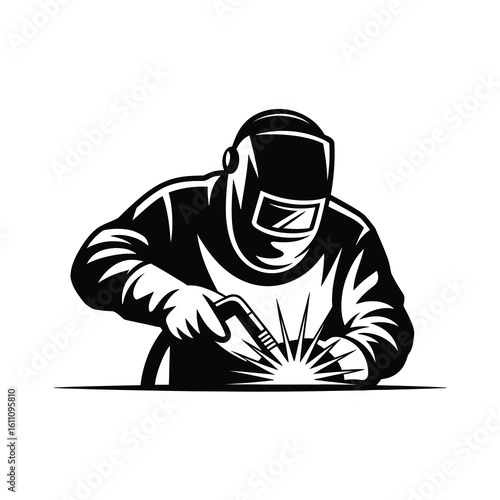Welder at work silhouette isolated on white background