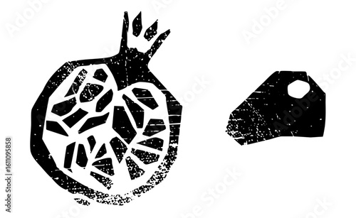 Vector Black and white of a cut pomegranate and seed.