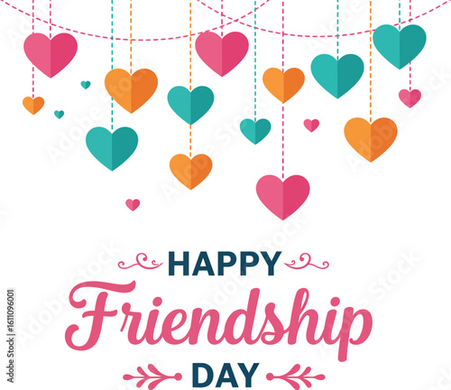 "Colorful Happy Friendship Day Greeting with Hanging Hearts – Festive Friendship Celebration Design"