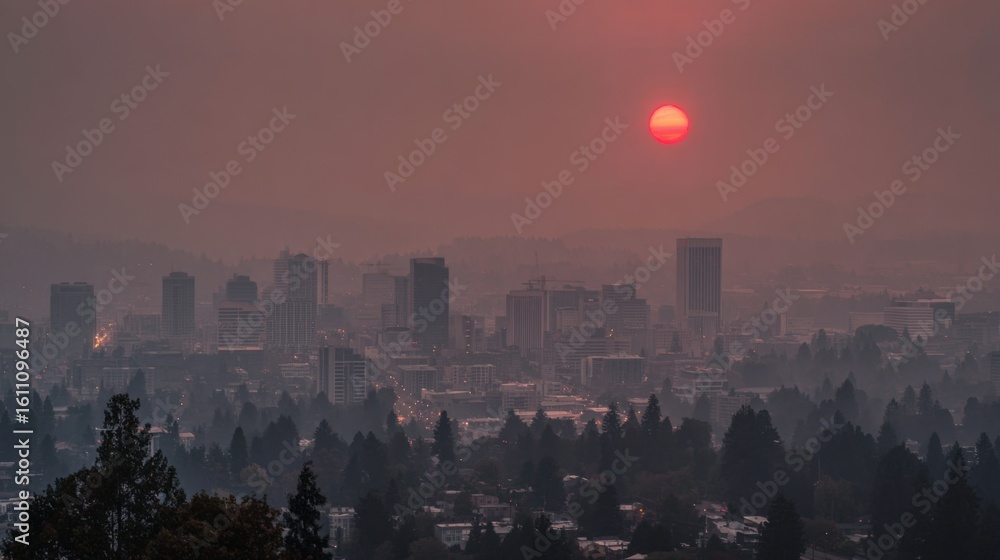Fototapeta premium A city skyline shrouded in a thick, orange haze from wildfire smoke, with a glowing, red sun barely visible through the polluted atmosphere
