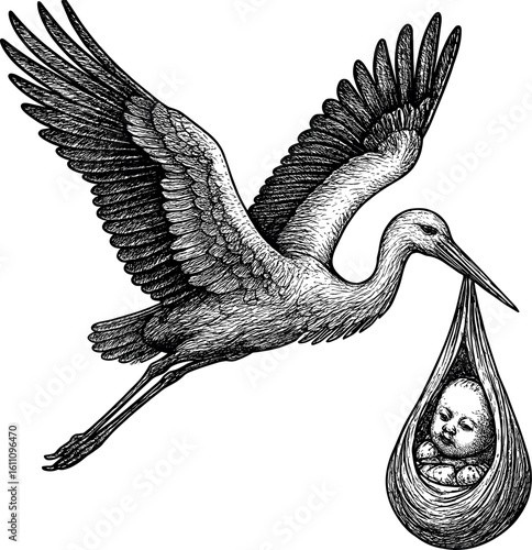 Stork Flying With Baby vector silhouette print design