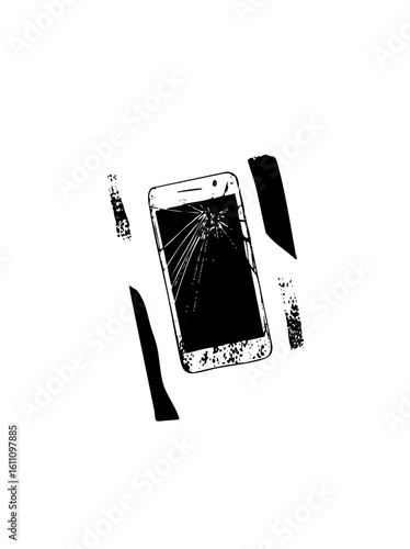 Vector Broken smartphone with shattered screen and fragments.