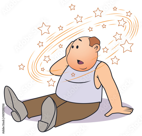 Man with dizziness and stars flying around head.