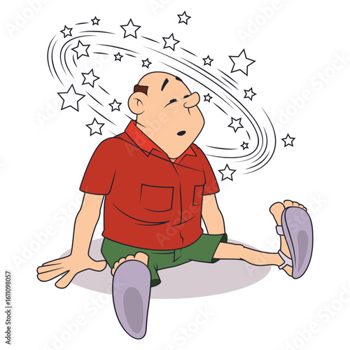 Man with dizziness and stars flying around head.