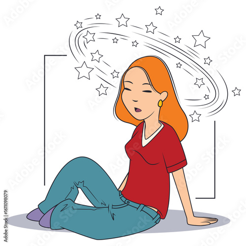 Woman with dizziness and stars flying around head.