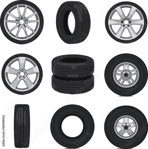 Car wheels and tires collection illustration, realistic vehicle parts, automobile rims, black rubber texture, spare tire design, auto service concept, mechanical transportation components