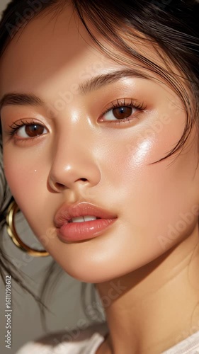 Natural beauty close-up of elegant woman with glossy lips and radiant skin, modern style portrait in cinematic 4K motion