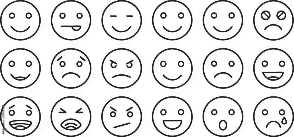 Fototapeta premium Isolated black emotion and expression icons, includes sad, angry, excited, happy, face moods, calm and confused symbols, minimal editable set for therapy and mental health use