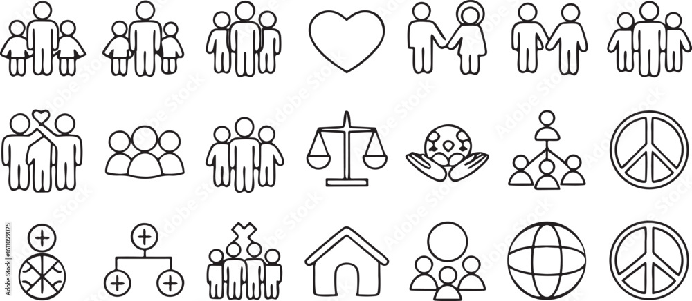 Obraz premium Isolated black society and community icon pack, includes people, diversity, support, unity, neighborhood, group, social issues, editable outline illustrations for civic designs