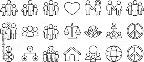Isolated black society and community icon pack, includes people, diversity, support, unity, neighborhood, group, social issues, editable outline illustrations for civic designs