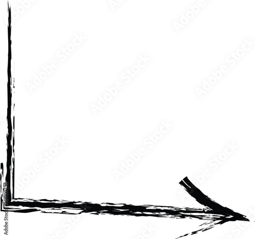 A black brushstroke arrow with a right-angle turn, featuring a rough, textured appearance. The arrow points to the right, making it suitable for use in diagrams