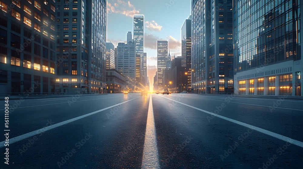 City street perspective evening light reflections City street perspective evening light reflections
