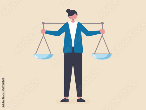 Businesswoman carrying scales of justice on her shoulders representing balance and fairness