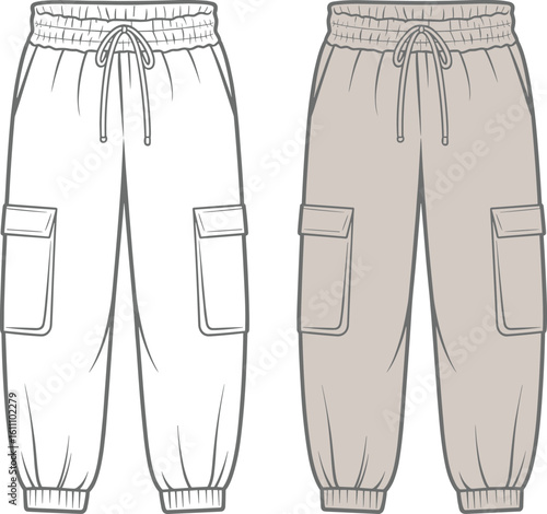 cargo jogger pants front view, cad drawing flat vector illustration, fashion technical sketch, casual elastic waist pants, side pocket joggers, unisex clothing design