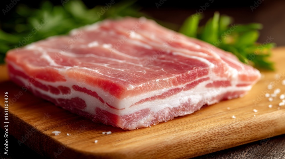 Fototapeta premium A close-up of raw pork belly with distinct layers of fat and meat, placed on a clean cutting board, ready for preparation, with a minimalist background