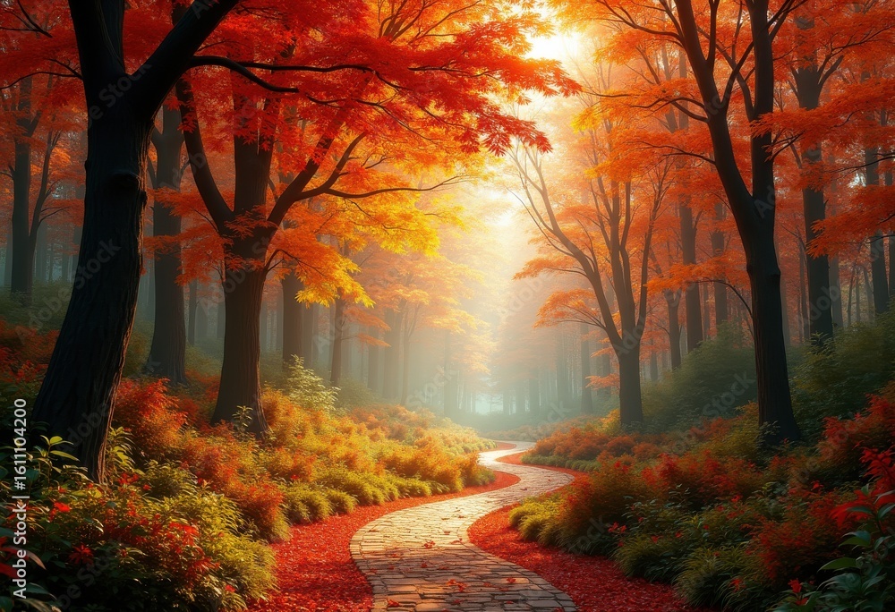 Fototapeta premium enchanting scenic trails through vibrant autumn foliage colorful leaves nature walk pathways wilderness, trees, forest, park, landscape, vista, parkland