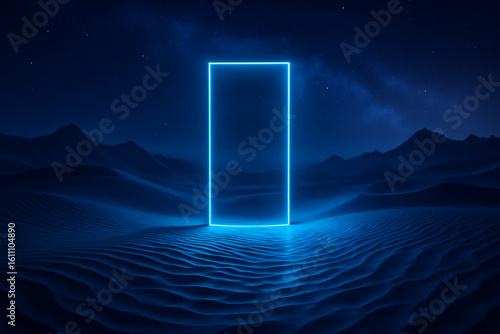 Futuristic Blue Neon Portal in Alien Desert at Night with Starry Sky and Mountains — Surreal Sci-Fi Landscape Illustration