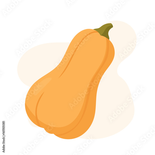 A ripe butternut squash rests on a soft, neutral background. Its curved shape and rich orange hue highlight the seasonal charm of autumn produce
