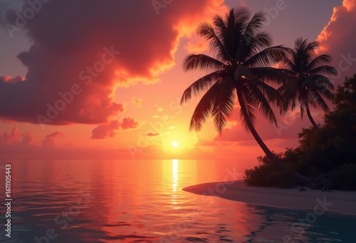 silhouetted palm tree vibrant sunset sky stunning colors reflected tropical paradise, nature, landscape, vibrance, exotic, leaf, twilight, travel