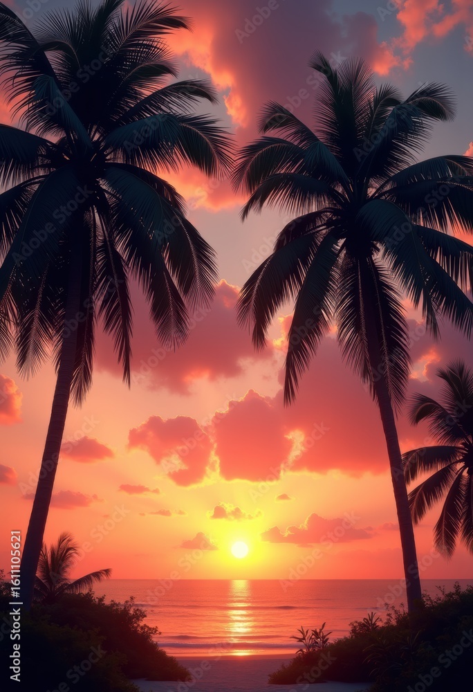 Fototapeta premium silhouetted palm trees vibrant sunset sky tropical paradise warm colors nature, horizon, orange, red, blue, clouds, evening, landscape, reflection