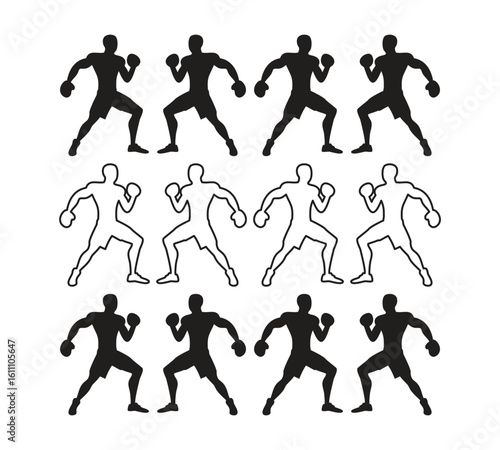 Boxer Movement Poses – Athletic Fight Stance Silhouettes for Design

