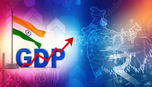India GDP Growing, increasing Indian GDP and Rising arrow going up with Indian flag on financial economy background, Future of Indian Economy. 3D illustration