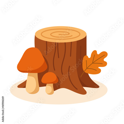 A vibrant illustration features a wooden stump and two orange mushrooms alongside a yellow leaf, capturing a playful representation of nature's elements