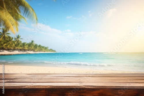 Fototapeta Naklejka Na Ścianę i Meble -  Wooden table top on blurred seascape background with palm trees and white sand beach at sunset