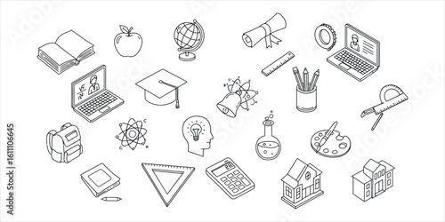 Collection of black and white line art school and education related objects learning knowledge