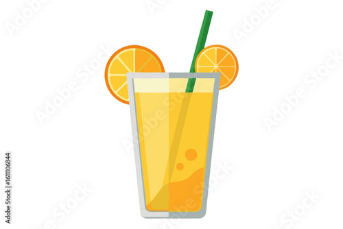 Download this vibrant and refreshing orange juice vector illustration featuring a tall glass filled with bright orange juice and garnished with a lemon slice.