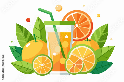 Download this vibrant and refreshing orange juice vector illustration featuring a tall glass filled with bright orange juice and garnished with a lemon slice.