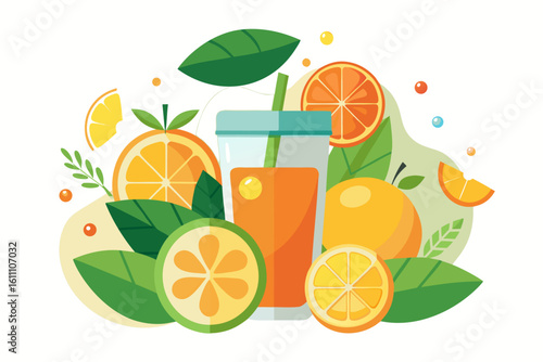 Download this vibrant and refreshing orange juice vector illustration featuring a tall glass filled with bright orange juice and garnished with a lemon slice.