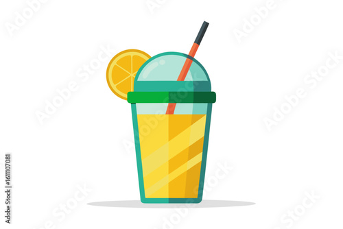 Download this vibrant and refreshing orange juice vector illustration featuring a tall glass filled with bright orange juice and garnished with a lemon slice.