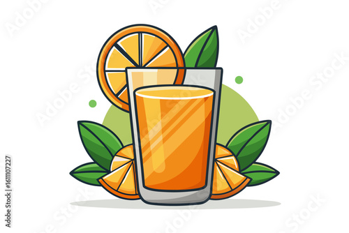 Download this vibrant and refreshing orange juice vector illustration featuring a tall glass filled with bright orange juice and garnished with a lemon slice.