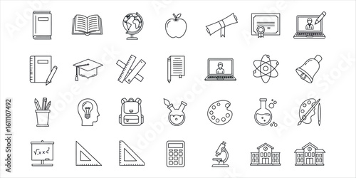 Collection of black line art icons representing education and school supplies learning knowledge