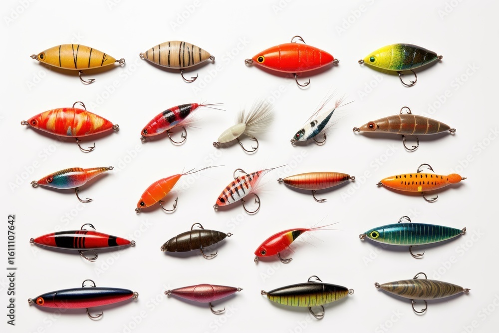 Fototapeta premium Collection of various colorful fishing lures displayed on a white background, creating an eye catching image for fishing enthusiasts