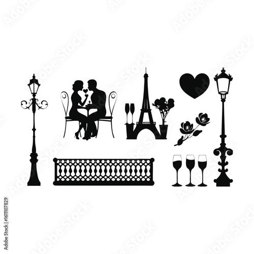 Silhouette of a couple in Paris with various lamps and lamp shades, creating a romantic evening atmosphere