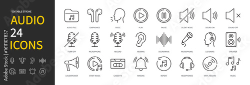 Audio icon set. Audio file, earphones, voice, play, pause, microphone, record, hearing, soundwave, listening, speaker, loudspeaker, headphones, music, etc. Vector illustration. Editable stroke.