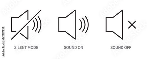 Sound icon set. Silent mode, sound on, sound off, volume, audio symbol. Black line icons collection. Vector illustration. Editable stroke. Flat design. Isolated on a white background.
