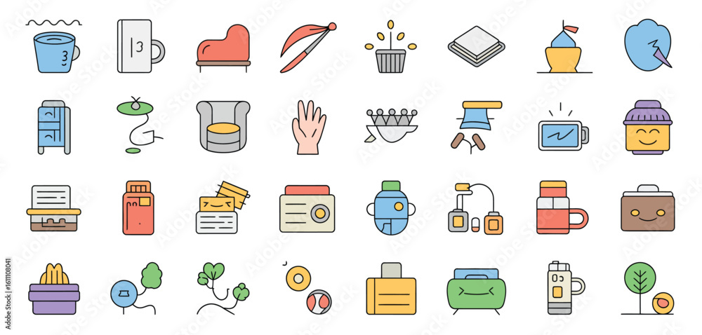 Fototapeta premium Collection of flat style icons representing various household and personal care items