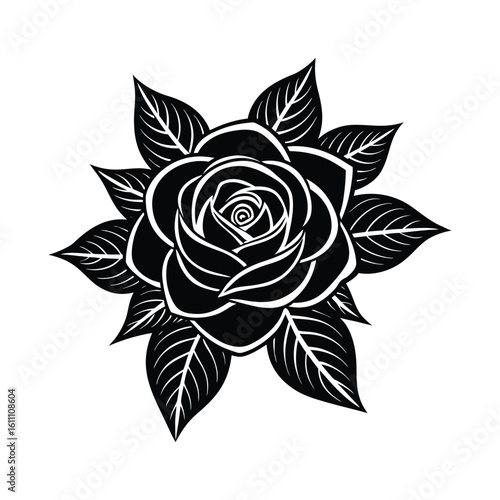 Black and White Rose Illustration with Decorative Leaves in Vector Format