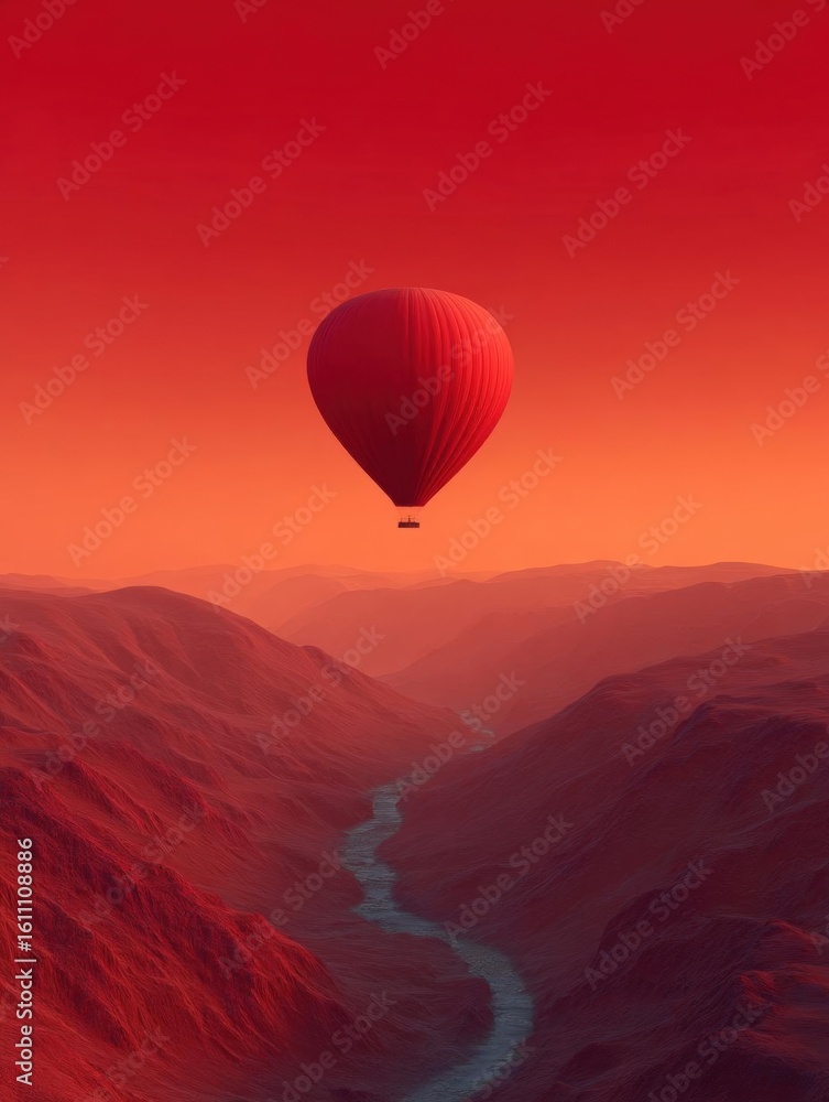 Fototapeta premium Hot air balloon flying over a mountainous landscape. the balloon is in the center of the image, with its body facing towards the right side of the frame.