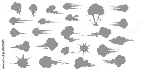 Collection of grey cartoon comic explosion smoke and dust cloud effects vector