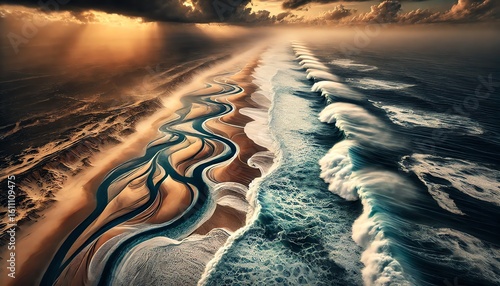 A top view of a breathtaking coastline where the deep blue ocean meets the golden sandy shore.