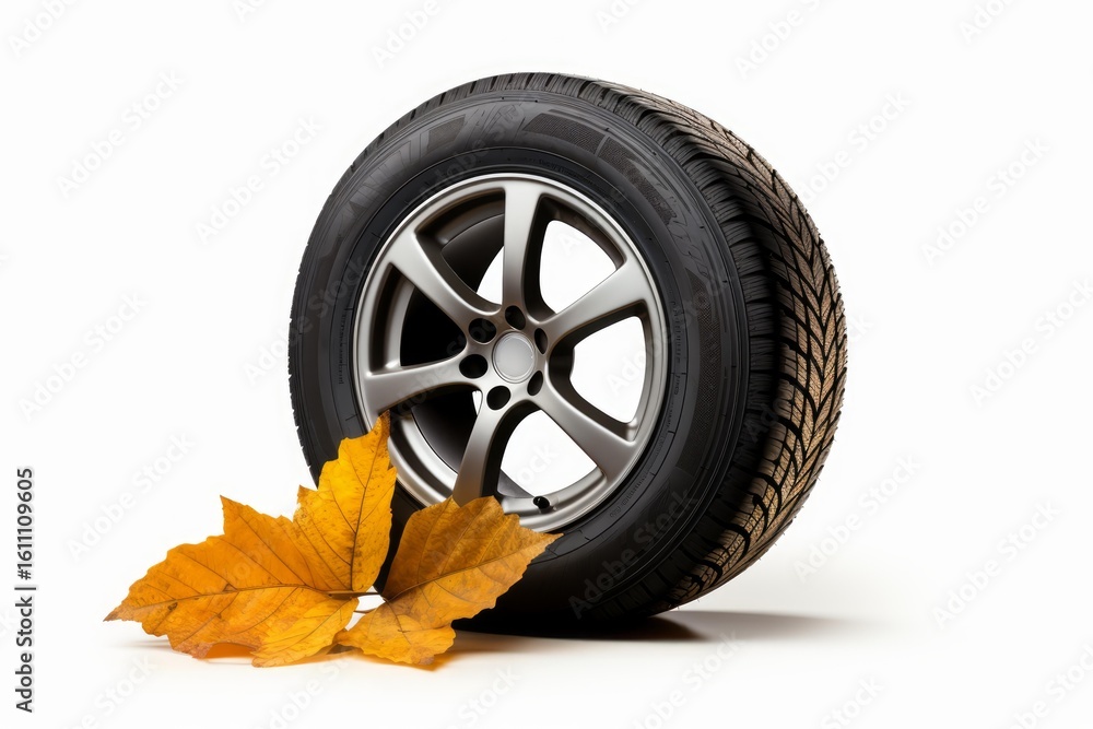 Obraz premium Winter car tire with autumn leaves symbolizing the change of season and the need for seasonal tire change