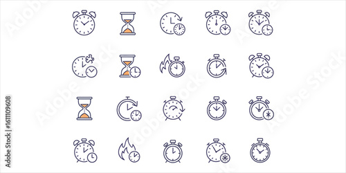 Collection of line art icons representing time and clocks with orange accents alarm clock hourglass