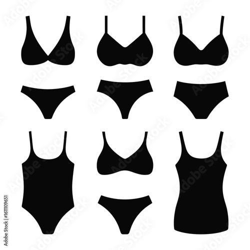 Collection of black silhouette lingerie and swimwear styles