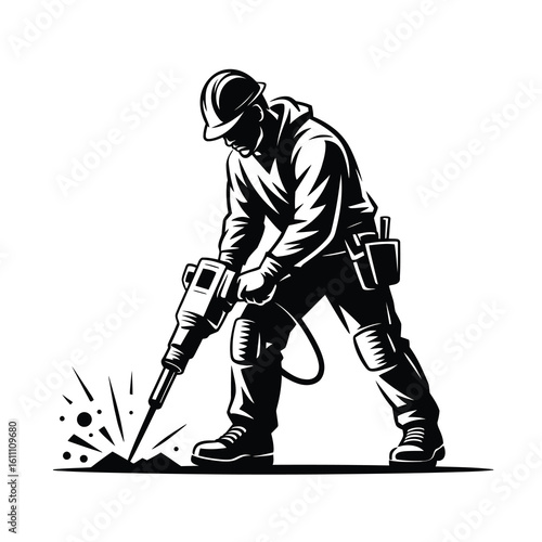 Construction worker silhouette operating a jackhammer isolated on white background