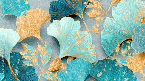 Beautiful ginkgo leaves and flowers in turquoise, blue-green, and gold colors with golden details on a background of gray-blue paper with texture