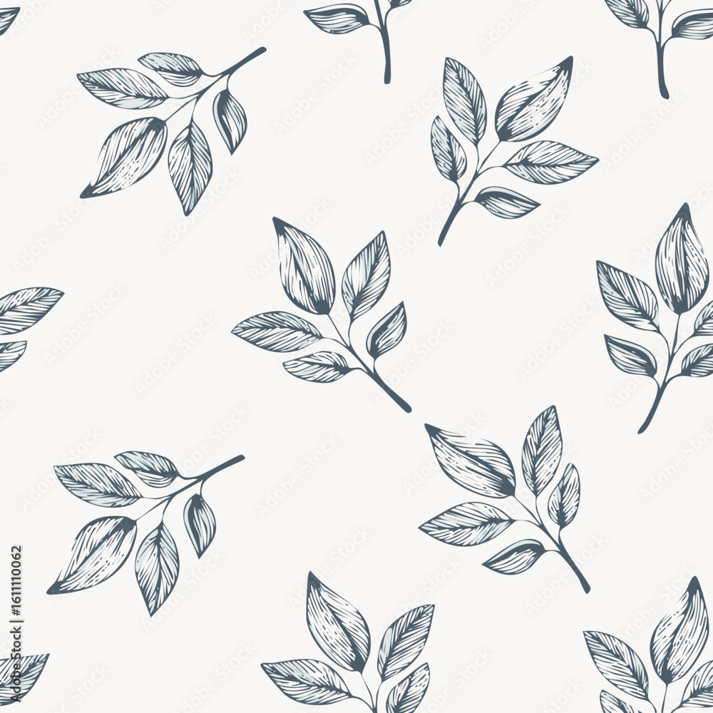 Fototapeta premium Hand-drawn Seamless Leaf Pattern in Monochrome Style